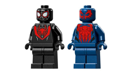 Miles Morales and Spider Man 2099 minifigures shown side by side on a white background, with Miles Morales in a black and red suit and Spider Man 2099 in a blue and red suit .