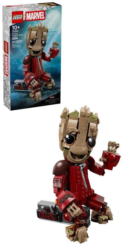 LEGO Marvel Ravager Jumpsuit Groot building figure with product box shown behind, featuring Groot in a dark red Ravager outfit holding a grey detonator with a digital display