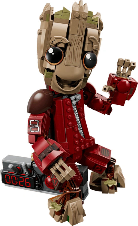 LEGO Marvel Ravager Jumpsuit Groot buildable figure in a dark red Ravager outfit, posed with one hand raised and a grey detonator beside him showing a red “00:26” timer display