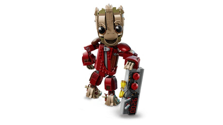 LEGO Marvel Ravager Jumpsuit Groot fully built figure standing upright, wearing a dark red Ravager suit, leaning on a grey detonator accessory with red details and digital timer display