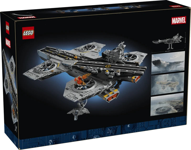 Back of the LEGO Marvel S.H.I.E.L.D. Helicarrier box showing the completed model, a side profile diagram and three reference images