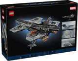 Back of the LEGO Marvel S.H.I.E.L.D. Helicarrier box showing the completed model, a side profile diagram and three reference images