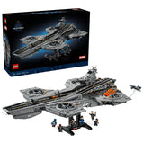 Overhead view of the LEGO Marvel S.H.I.E.L.D. Helicarrier showing the intersecting runways, four rotors, flame details and Quinjet