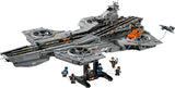 LEGO Marvel S.H.I.E.L.D. Helicarrier retail box beside the completed model, six minifigures, display stand and Quinjet