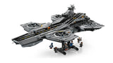 LEGO Marvel S.H.I.E.L.D. Helicarrier mounted above a black display stand with six minifigures arranged underneath