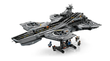LEGO Marvel S.H.I.E.L.D. Helicarrier mounted above a black display stand with six minifigures arranged underneath