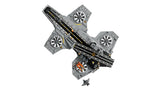 Overhead view of the LEGO Marvel S.H.I.E.L.D. Helicarrier showing the intersecting runways, four rotors, flame details and Quinjet