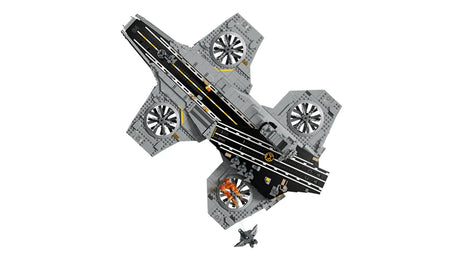 Overhead view of the LEGO Marvel S.H.I.E.L.D. Helicarrier showing the intersecting runways, four rotors, flame details and Quinjet