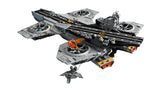 Rear three quarter view of the LEGO Marvel S.H.I.E.L.D. Helicarrier showing the runway, four rotor sections, control tower, orange flame details and Quinjet