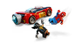Spider-Man minifigure shown mid air striking the Venomized Wolverine minifigure, with Spider-Man angled forward in an attack pose and Venomized Wolverine recoiling beneath him, while the red and blue Spider-Man car is positioned behind them on a white background