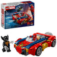 LEGO Marvel Spider-Man Car vs Venomized Wolverine set shown with the retail box beside the completed red and blue Spider-Man car, with Spider-Man seated in the cockpit and the Venomized Wolverine minifigure standing in front of the car.
