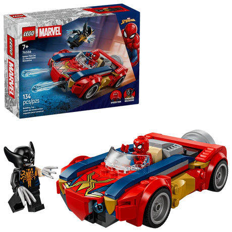 LEGO Marvel Spider-Man Car vs Venomized Wolverine set shown with the retail box beside the completed red and blue Spider-Man car, with Spider-Man seated in the cockpit and the Venomized Wolverine minifigure standing in front of the car.