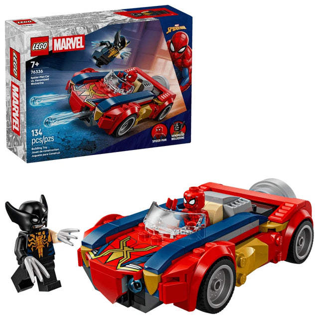 LEGO Marvel Spider-Man Car vs Venomized Wolverine set shown with the retail box beside the completed red and blue Spider-Man car, with Spider-Man seated in the cockpit and the Venomized Wolverine minifigure standing in front of the car.