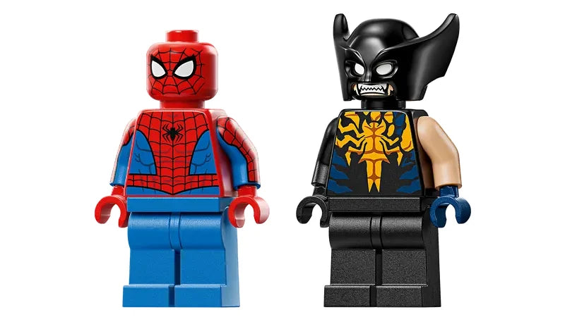 Spider-Man and Venomized Wolverine minifigures shown side by side on a white background, with Spider-Man in a red and blue suit and Venomized Wolverine in black and gold armour