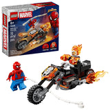 LEGO Marvel Spider-Man vs. Ghost Rider Motorcycle set shown with the retail box beside the completed black and orange motorcycle with flame elements, Spider-Man minifigure holding a white web rope, and Ghost Rider minifigure positioned next to the bike