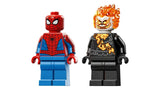 Spider-Man and Ghost Rider minifigures shown side by side on a white background, with Spider-Man in red and blue suit and Ghost Rider with flaming head and black outfit