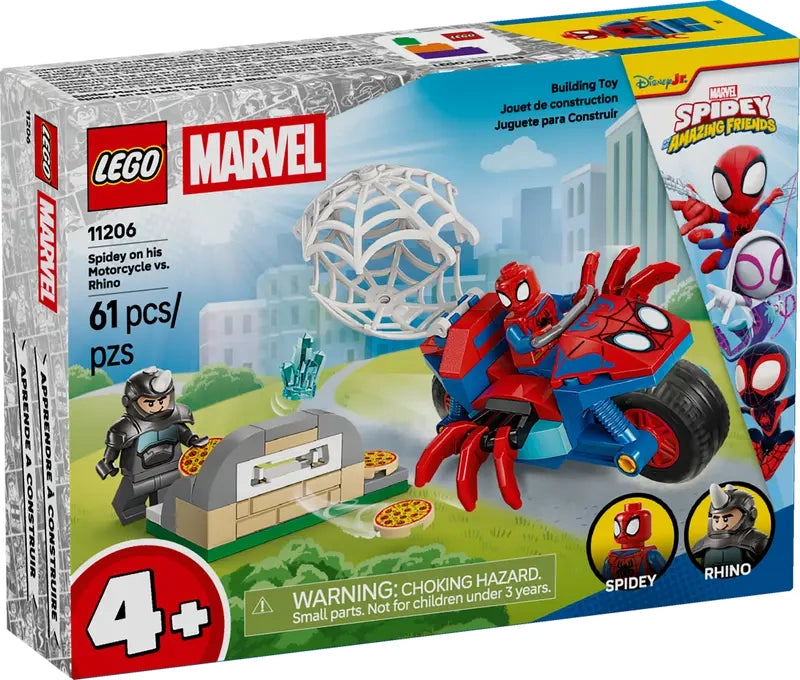 LEGO Marvel Spidey on His Motorcycle vs Rhino set showing the retail box front with Spidey riding a red and blue spider themed motorcycle and Rhino minifigure with pizza oven shooter on the artwork
