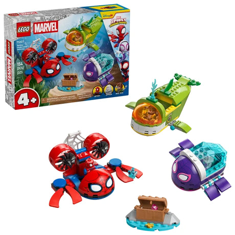 LEGO Marvel Spidey And His Amazing Friends product box showing three vehicles, three minifigures, treasure chest, age 4+ marking and 154 piece count
