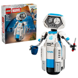 LEGO Marvel The Fantastic Four H.E.R.B.I.E. 76339 box beside the completed robot holding a blue mug and screwdriver 