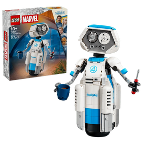 LEGO Marvel The Fantastic Four H.E.R.B.I.E. 76339 box beside the completed robot holding a blue mug and screwdriver 