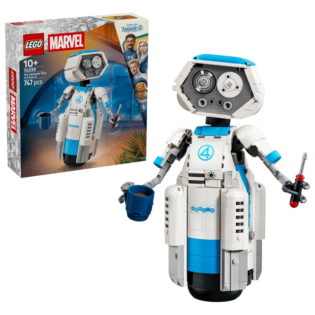LEGO Marvel The Fantastic Four H.E.R.B.I.E. 76339 box beside the completed robot holding a blue mug and screwdriver 