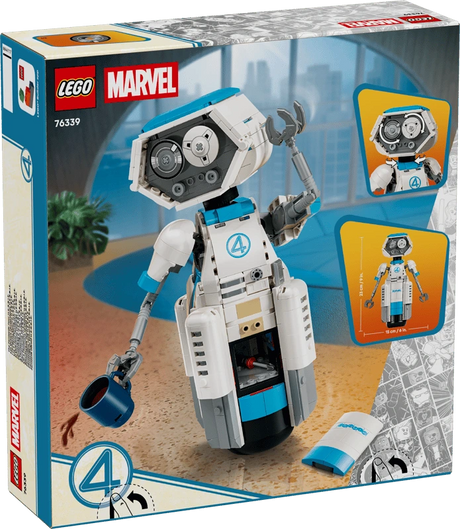 Back of the LEGO Marvel The Fantastic Four H.E.R.B.I.E. 76339 box showing the completed robot, opening torso panel and dimensions