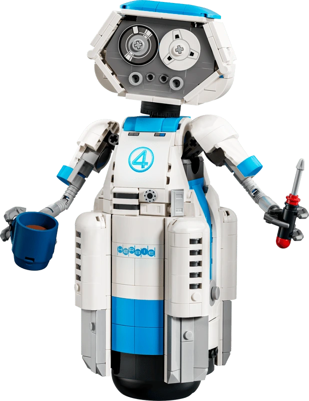 Completed LEGO Marvel The Fantastic Four H.E.R.B.I.E. 76339 robot model holding a blue mug and screwdriver