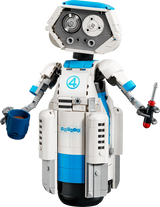 Completed LEGO Marvel The Fantastic Four H.E.R.B.I.E. 76339 robot model holding a blue mug and screwdriver