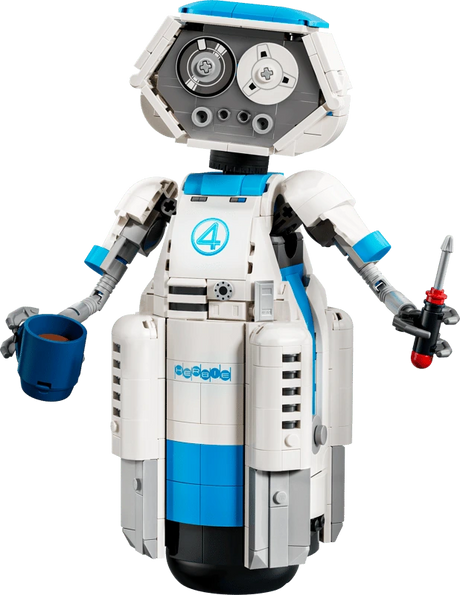 Completed LEGO Marvel The Fantastic Four H.E.R.B.I.E. 76339 robot model holding a blue mug and screwdriver