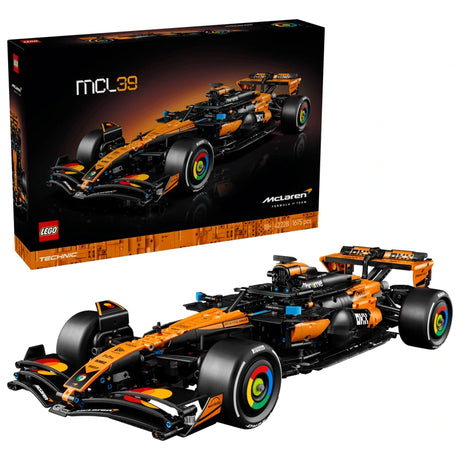 LEGO Technic McLaren MCL39 F1 Car model beside the product box on a white background