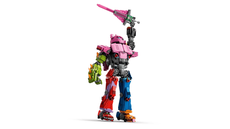 Side view of LEGO Mecha Team Leader 77078 with raised pink sword and multicoloured mech body
