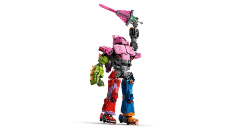 Side view of LEGO Mecha Team Leader 77078 with raised pink sword and multicoloured mech body
