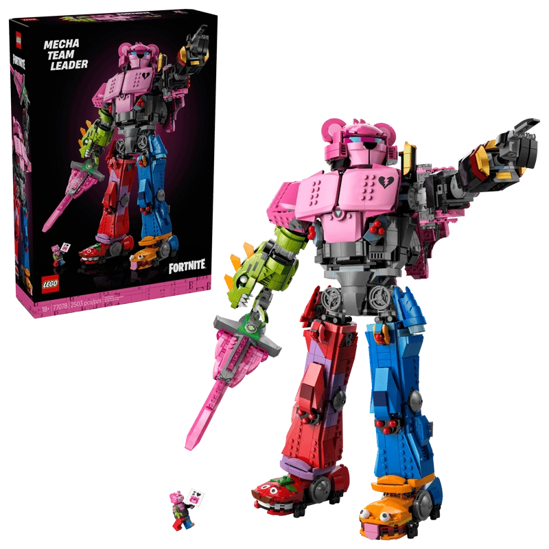 LEGO Mecha Team Leader 77078 build with product box, pink sword, small minifigure and multicoloured mech figure