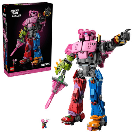 LEGO Mecha Team Leader 77078 build with product box, pink sword, small minifigure and multicoloured mech figure