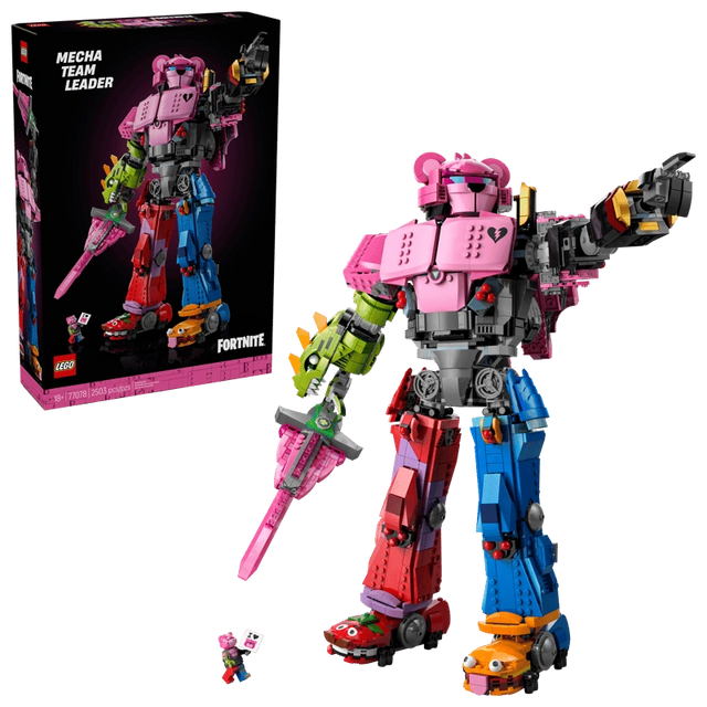 LEGO Mecha Team Leader 77078 build with product box, pink sword, small minifigure and multicoloured mech figure