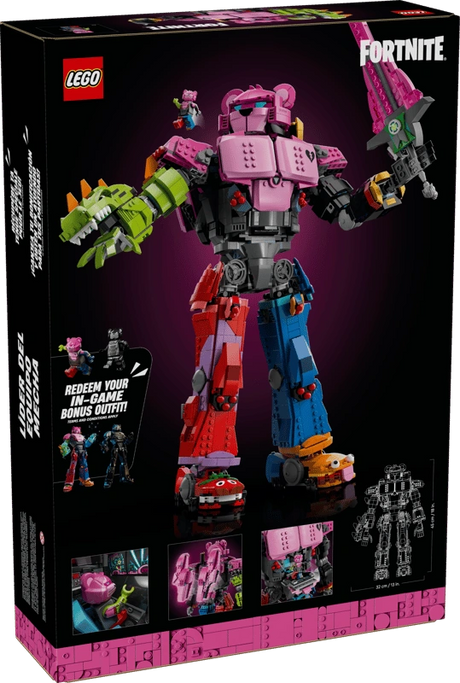 Back of LEGO Mecha Team Leader 77078 box showing mech model, bonus outfit panel and detail images