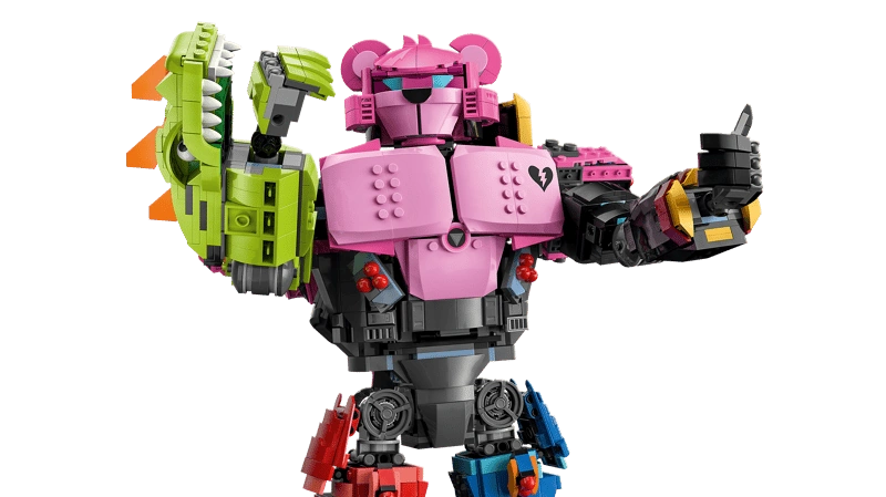 Close-up of LEGO Mecha Team Leader 77078 upper body with pink bear head, green claw arm and black right arm