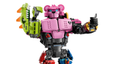 Close-up of LEGO Mecha Team Leader 77078 upper body with pink bear head, green claw arm and black right arm