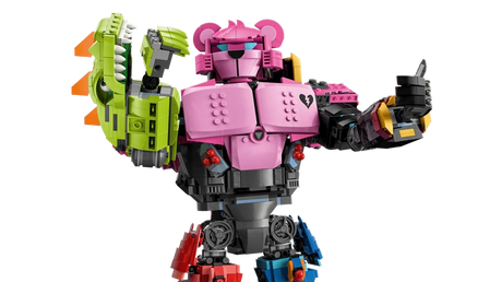 Close-up of LEGO Mecha Team Leader 77078 upper body with pink bear head, green claw arm and black right arm