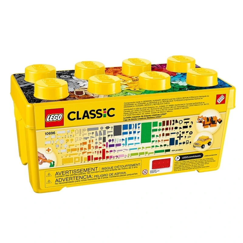 Rear of LEGO Medium Creative Brick Box 10696 yellow storage container showing the included pieces, colours and product information.