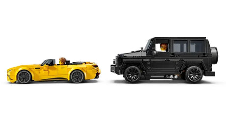 Side view of LEGO yellow SL 63 and black G 63 with drivers inside – Ireland