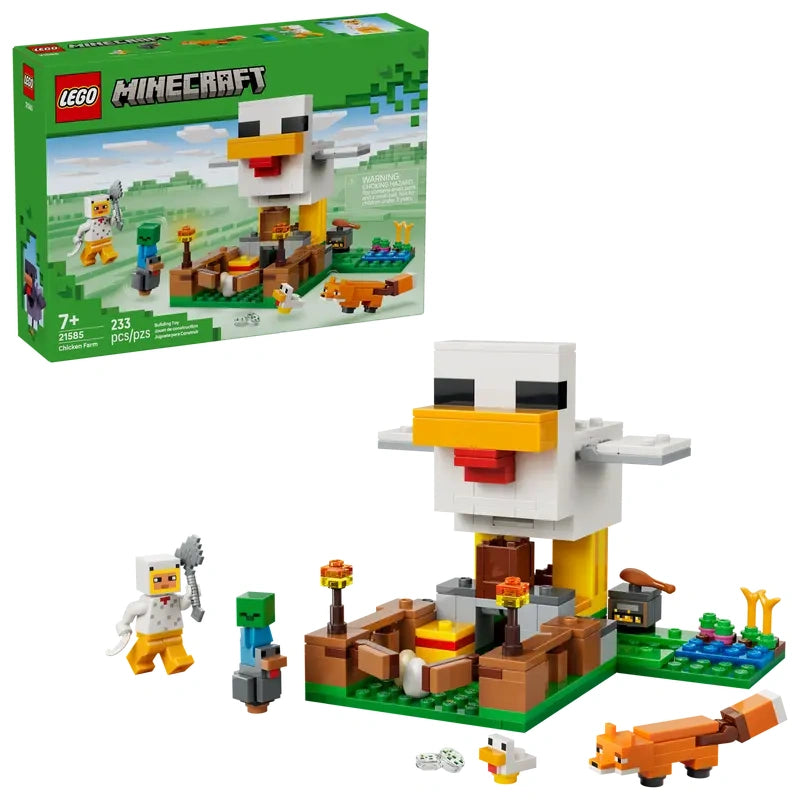 LEGO Minecraft Chicken Farm set shown with the box and a large LEGO chicken build on a green base.