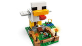 Close-up of the LEGO Minecraft Chicken Farm showing the large LEGO chicken build and the pen area at the front.