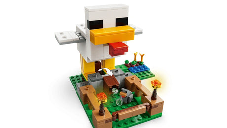 Close-up of the LEGO Minecraft Chicken Farm showing the large LEGO chicken build and the pen area at the front.