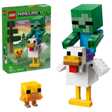LEGO Minecraft Chicken Jockey 21582 box beside the completed baby zombie, chicken and baby chicken builds