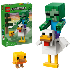 LEGO Minecraft Chicken Jockey 21582 box beside the completed baby zombie, chicken and baby chicken builds