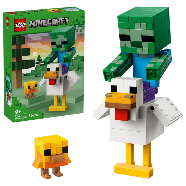 LEGO Minecraft Chicken Jockey 21582 box beside the completed baby zombie, chicken and baby chicken builds