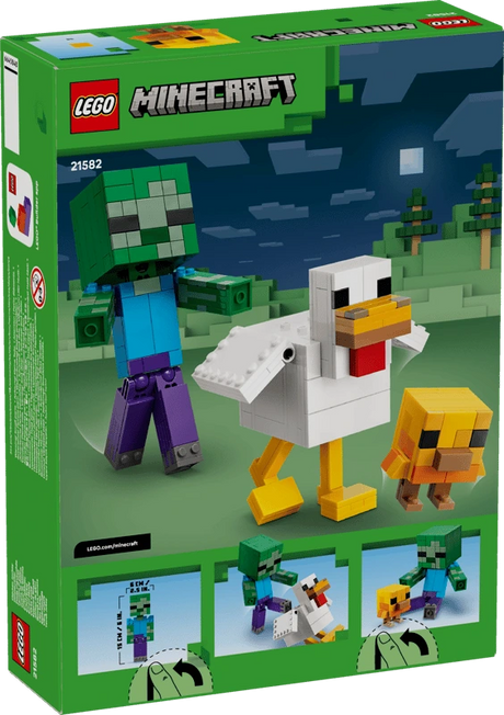 Back of the LEGO Minecraft Chicken Jockey 21582 box showing the baby zombie, chicken, baby chicken and movable pose images