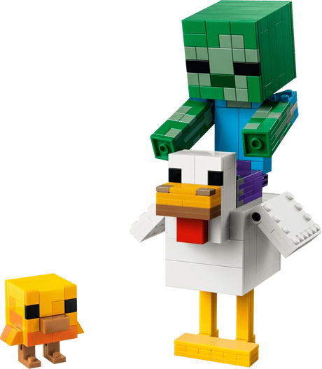 Completed LEGO Minecraft Chicken Jockey 21582 build with a baby zombie riding the chicken and a baby chicken figure