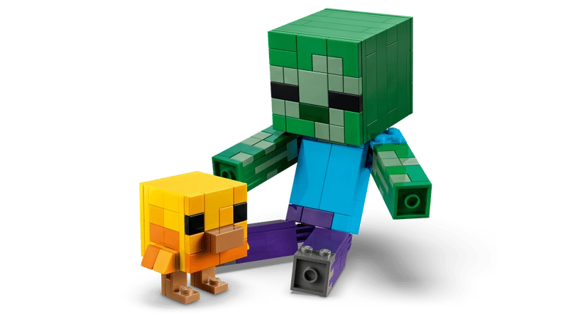 LEGO Minecraft Chicken Jockey 21582 baby zombie figure standing beside the baby chicken
